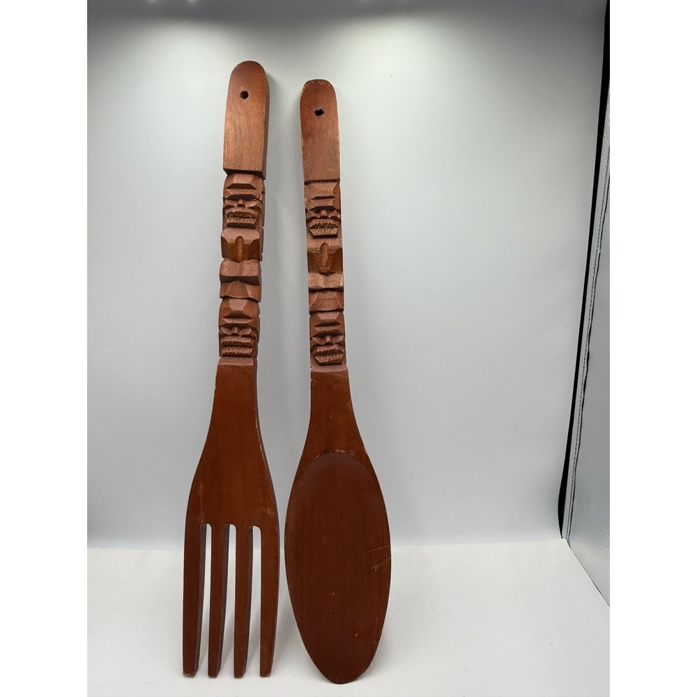 Tiki Totem Hand Carved Wood Fork Spoon Set Brown Good Giant Wall Decor 21"
